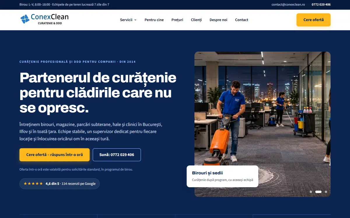 Prima pagină a unui site pentru o firmă de curățenie